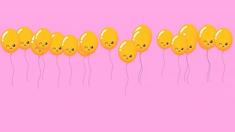Animation-Von-Gelben-Luftballons-Mit-Hüpfenden-Gesichtern-Auf-Rosa-Hintergrund