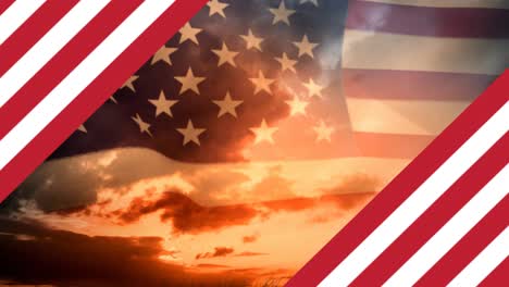 Animation-Der-Streifen-Der-Amerikanischen-Flagge,-Die-Sich-über-Die-Amerikanische-Flagge-Und-Den-Sonnenuntergang-Bewegen