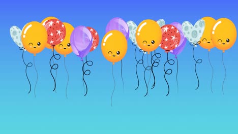Animation-of-colourful-balloons-bouncing-on-blue-background