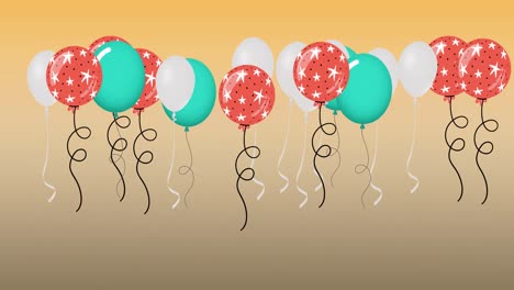 Animation-of-colourful-balloons-bouncing-on-orange-background