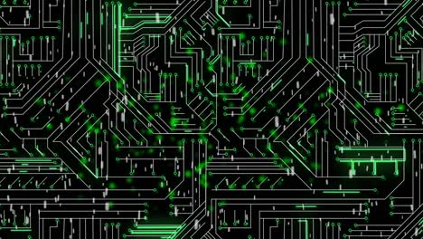 Animation-of-green-glowing-light-trails-moving-across-processor-circuit-board
