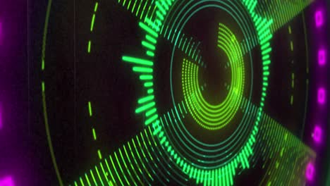 Animation-of-circular-green-and-pink-3d-light-display-flashing-and-rotating-on-black-background