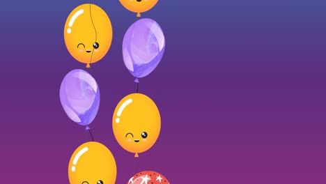 Animation-Von-Gelben,-Roten-Und-Violetten-Luftballons-Mit-Kopierraum-Auf-Violettem-Hintergrund