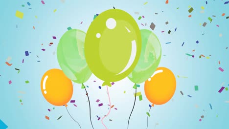 Animation-of-green-and-yellow-balloons-with-confetti-on-blue-background