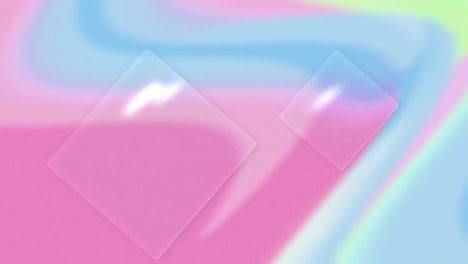 Animation-of-transparent-squares-over-slow-moving-pastel-blue,-pink-and-green-organic-swirls