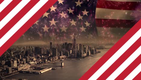 Animation-Beweglicher-Linien-über-Dem-Stadtbild-Und-Der-Amerikanischen-Flagge