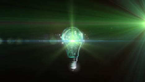 Animation-of-lit-light-bulb-with-green-glowing-light-and-copy-space
