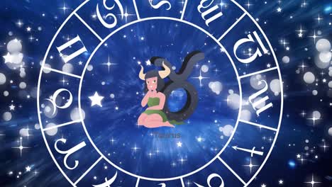 Animation-of-spinning-star-sign-wheel-with-taurus-sign-and-stars