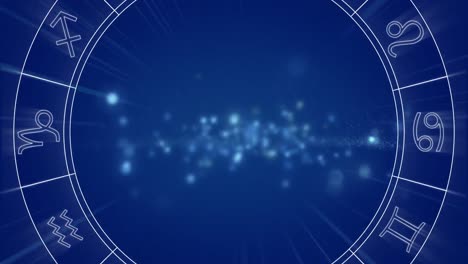 Animation-of-spinning-star-sign-wheel-with-flickering-spots-of-light-on-blue-background