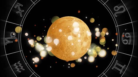 Animation-of-spinning-star-sign-wheel-with-planet-on-black-background