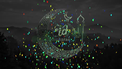 Animation-of-eid-mubarak-text-with-crescent-moon-and-mosque-with-confetti-background