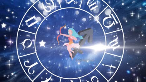 Animation-of-spinning-star-sign-wheel-with-sagittarius-sign-and-stars