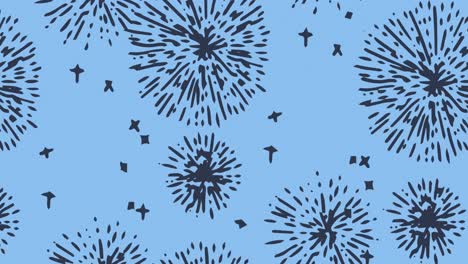 Animation-of-black-fireworks-moving-over-blue-background