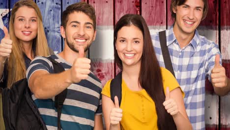 Animation-of-diverse-group-of-students-with-thumbs-up-over-american-flag