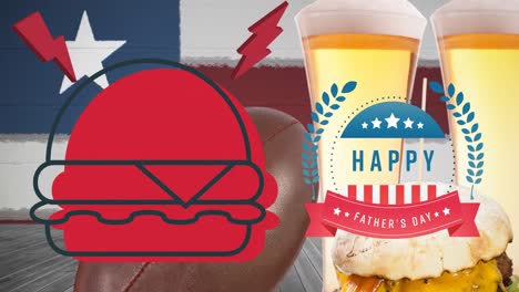 Animation-of-4th-july-text-over-hamburger,-rugby-ball,-beers-and-american-flag
