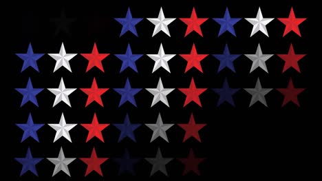 Animation-Von-Weißen,-Blauen-Und-Roten-Sternen-Der-Amerikanischen-Flagge-In-Reihen-Auf-Schwarzem-Hintergrund