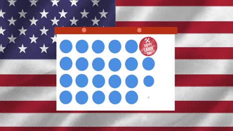 Animation-Der-Token-Vorlagenkarte-Und-Des-Textes-Zum-Tag-Der-Arbeit,-Der-Sich-über-Die-Amerikanische-Flagge-Bewegt