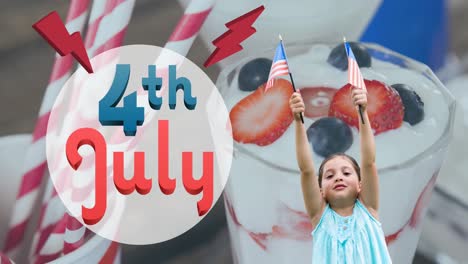 Animation-of-4th-of-july-text-over-smiling-girl-holding-american-flags-and-dessert