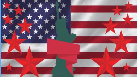 Animation-of-green-statue-of-liberty-with-copy-space-over-red-stars-and-american-flag
