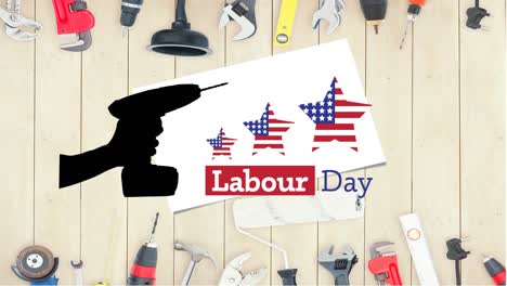 Animation-of-labor-day-text-with-stars-and-tools-with-american-flag