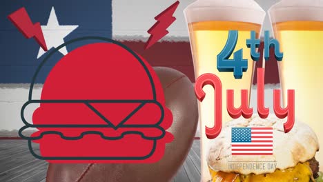Animación-Del-Texto-Del-4-De-Julio-Sobre-Hamburguesas,-Cervezas-Y-Bandera-Americana