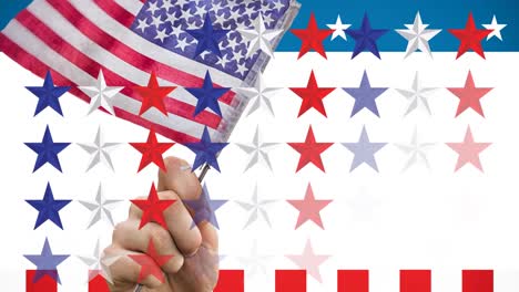 Animation-of-white,-blue-and-red-stars-with-person-holding-american-flag-in-background