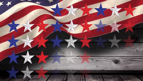 Animation-Von-Weißen,-Blauen-Und-Roten-Sternen-Mit-Amerikanischer-Flagge-Im-Hintergrund