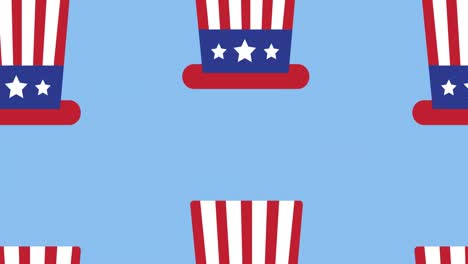Animation-Von-Mit-Amerikanischer-Flagge-Geschmückten-Feierhüten,-Die-Sich-über-Blauem-Hintergrund-Bewegen
