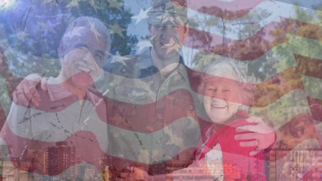 Animation-of-male-soldier-embracing-smiling-parents-moving-over-american-flag