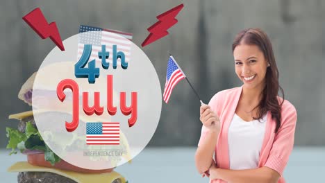 Animation-of-4th-of-july-text-over-smiling-woman-holding-american-flag-and-hamburger