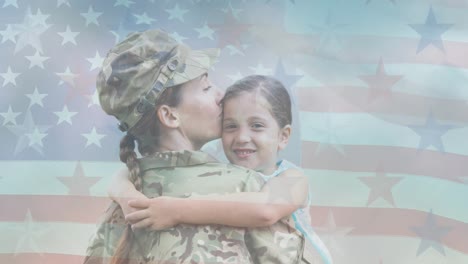 Animation-of-female-soldier-embracing-smiling-daughter-moving-over-american-flag