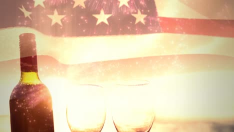Animation-of-bottle-of-wine-with-two-glasses-and-american-flag
