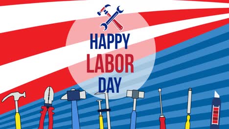 Animation-Des-Textes-„Happy-Labor-Day“-Mit-Werkzeugen-über-Der-Amerikanischen-Flagge