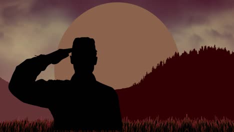 Animation-of-american-soldier-over-silhouettes-of-mountains-and-sun