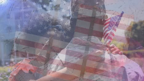 Animation-of-male-soldier-embracing-smiling-daughter-moving-over-american-flag