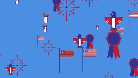 Animation-Amerikanischer-Flaggen-Und-Symbole-Zum-Unabhängigkeitstag,-Die-Sich-über-Blauem-Hintergrund-Bewegen