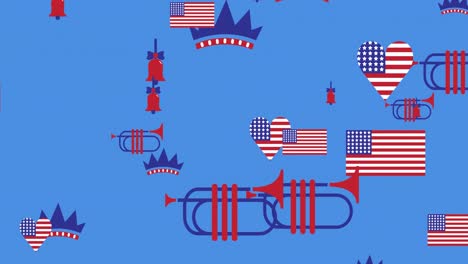 Animación-De-Banderas-Americanas-E-íconos-Del-Día-De-La-Independencia-Moviéndose-Sobre-Fondo-Azul
