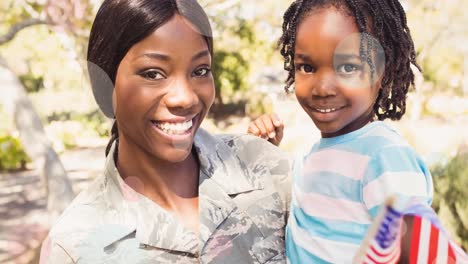 Animation-of-white-circles-moving-over-female-soldier-embracing-smiling-son