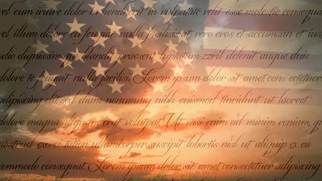 Animation-of-text-moving-over-american-flag-and-sky-with-clouds