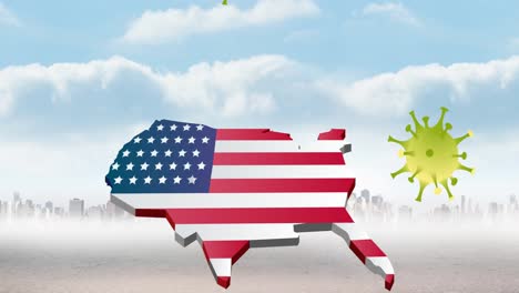 Animation-Von-Coronavirus-Zellen-über-Einer-US-Karte-Mit-Amerikanischer-Flagge-Auf-Stadthintergrund