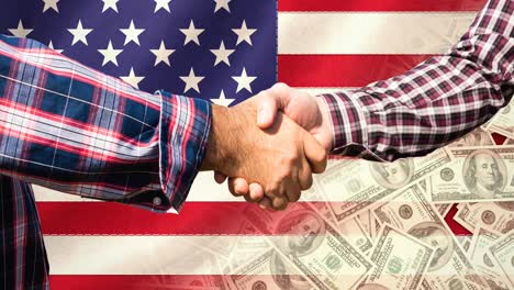 Animation-of-two-caucasian-men-shaking-hands-over-american-flag-and-banknotes