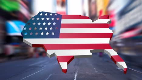Animation-of-usa-map-coloured-with-american-flag-moving-over-city