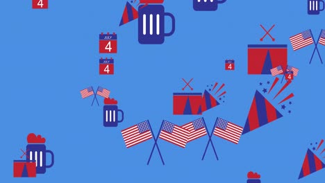 Animación-De-Banderas-Americanas-E-íconos-Del-Día-De-La-Independencia-Moviéndose-Sobre-Fondo-Azul
