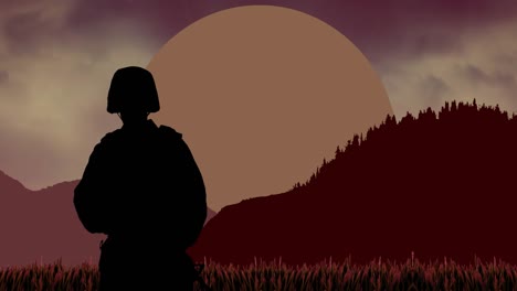 Animation-Der-Silhouette-Eines-Männlichen-Soldaten,-Der-Sich-über-Eine-Berglandschaft-Bewegt