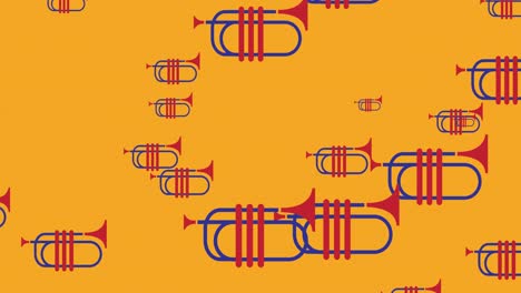 Animation-Von-Blauen-Und-Roten-Trompeten,-Die-Sich-über-Orangefarbenen-Hintergrund-Bewegen