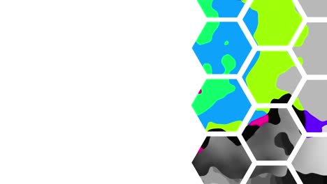 Animation-of-moving-colourful-and-greyscale-blotches-in-hexagons-on-white-background