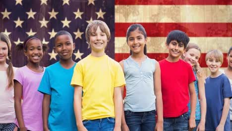 Animation-of-diverse-group-of-students-smiling-over-american-flag