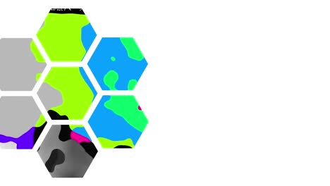 Animation-of-moving-colourful-blotches-in-hexagons-on-white-background
