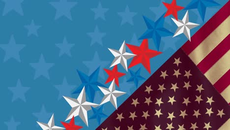 Animation-Der-Amerikanischen-Flagge-Und-Sterne,-Die-Sich-über-Blauen-Hintergrund-Bewegen