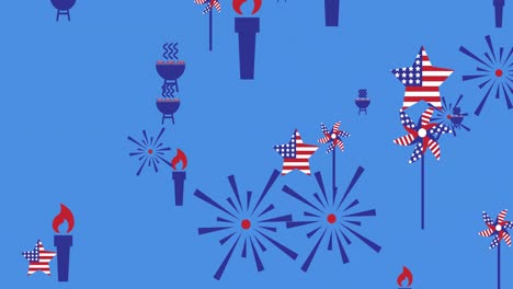 Animation-Amerikanischer-Flaggen-Und-Symbole-Zum-Unabhängigkeitstag,-Die-Sich-über-Blauem-Hintergrund-Bewegen